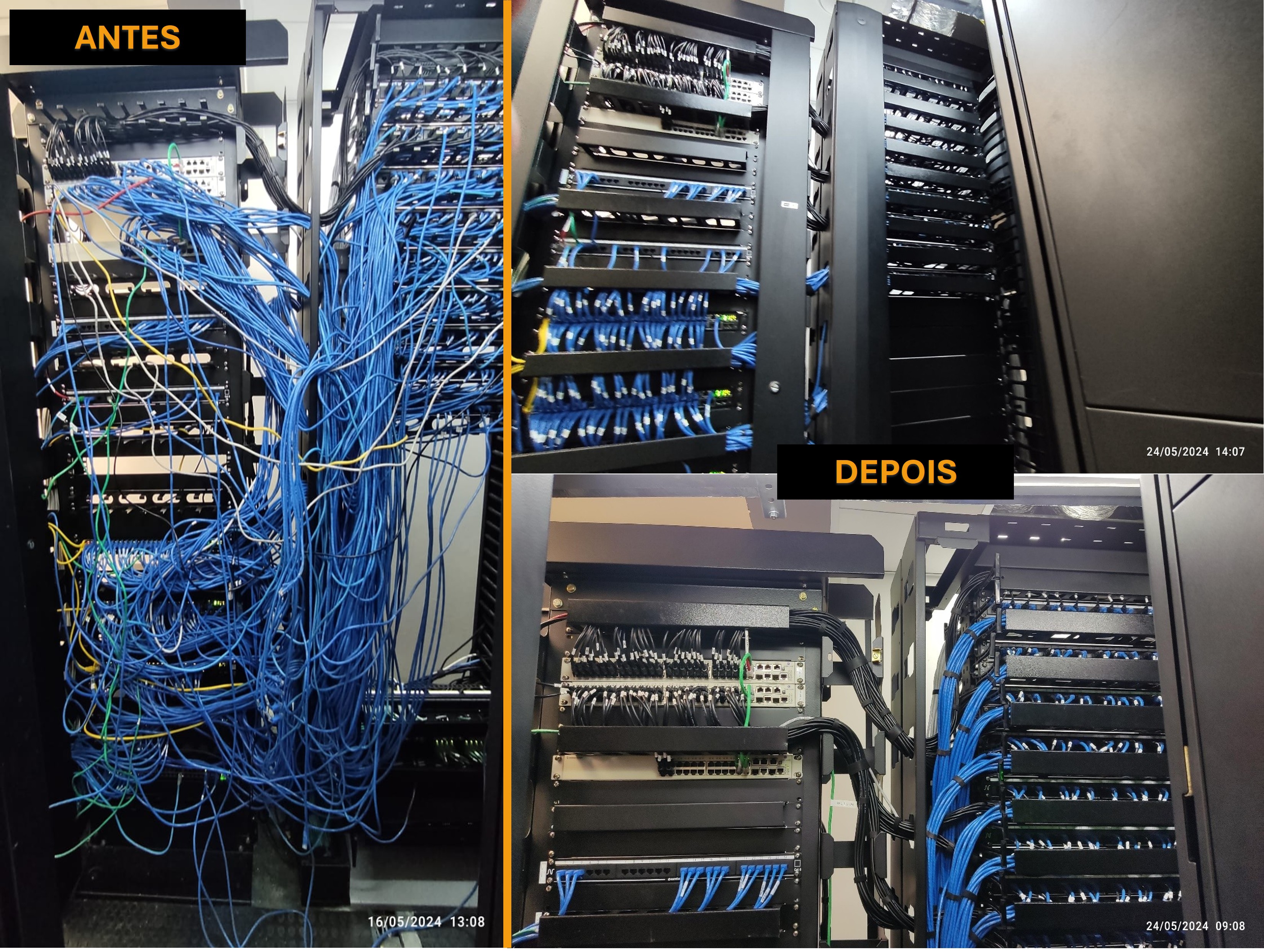 Projeto de antes e depois de um rack de servidor em empresa da construção civil.